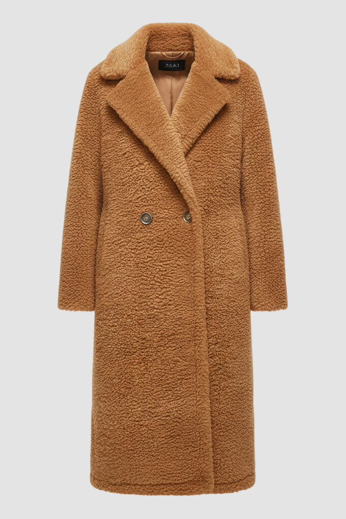 Front view of the TALYNE Premium Teddy Coat in extra-long length with turn-down collar.