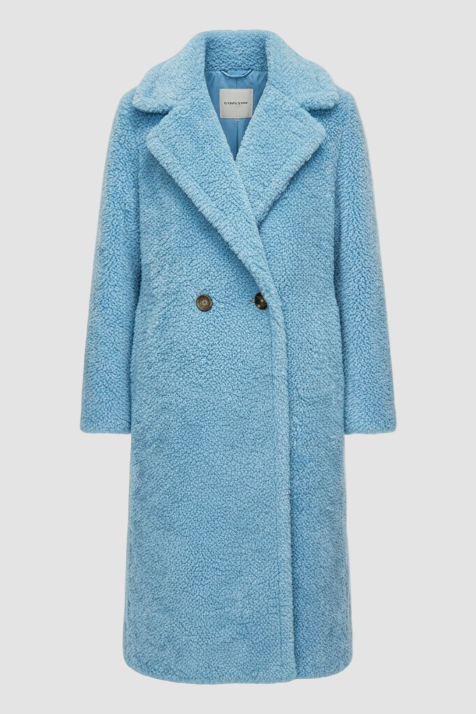 Front view of the TALYNE Premium Teddy Coat in extra-long length with turn-down collar.