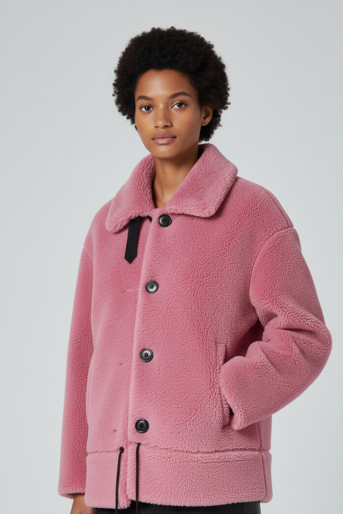 Front view of the VARLENE Winter Wool Coat with hit-color buttons and short silhouette.