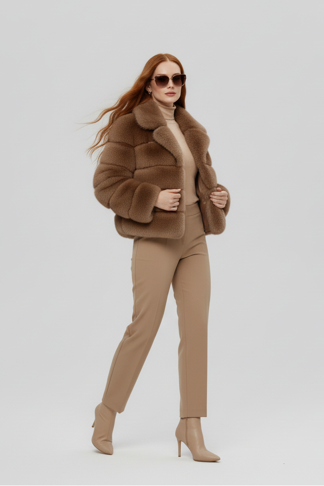 Front view of the VELARIE faux fur coat showcasing its soft texture.