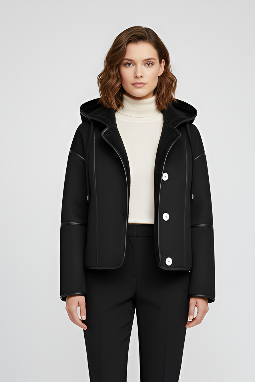 Front view of the YALVINE Winter Fur Coat featuring hooded collar and thick yellow fleece texture.