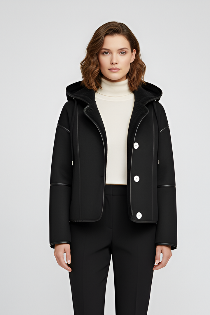 Front view of the YALVINE Winter Fur Coat featuring hooded collar and thick yellow fleece texture.