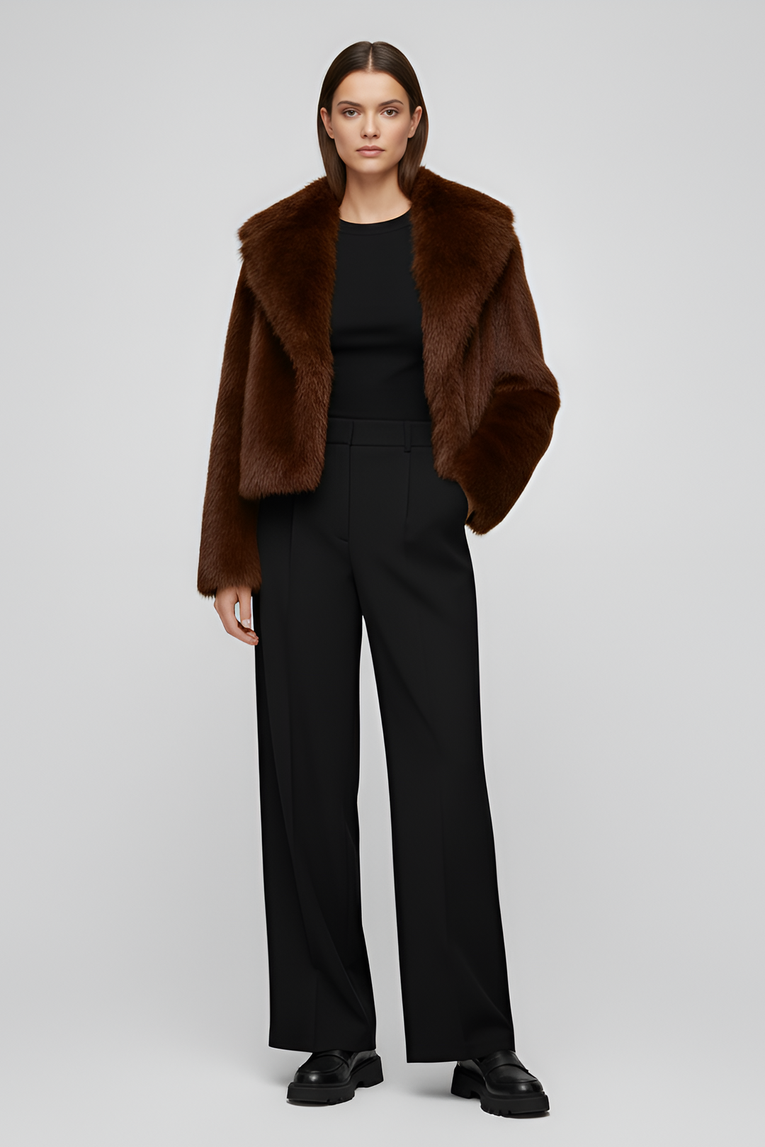 CAMELIA Faux Fur Winter Coat Warm Heritage full body look, brown faux fur winter jacket styled with black trousers, luxury warm winter coat for women