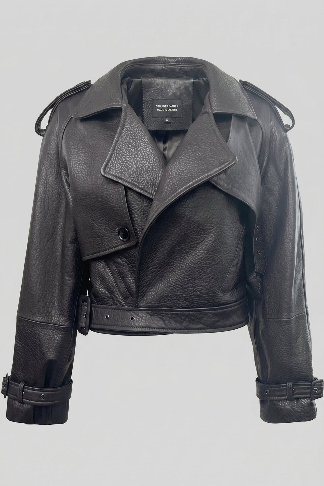 GEORGIA - Bubble Leather biker jacket, front view, black