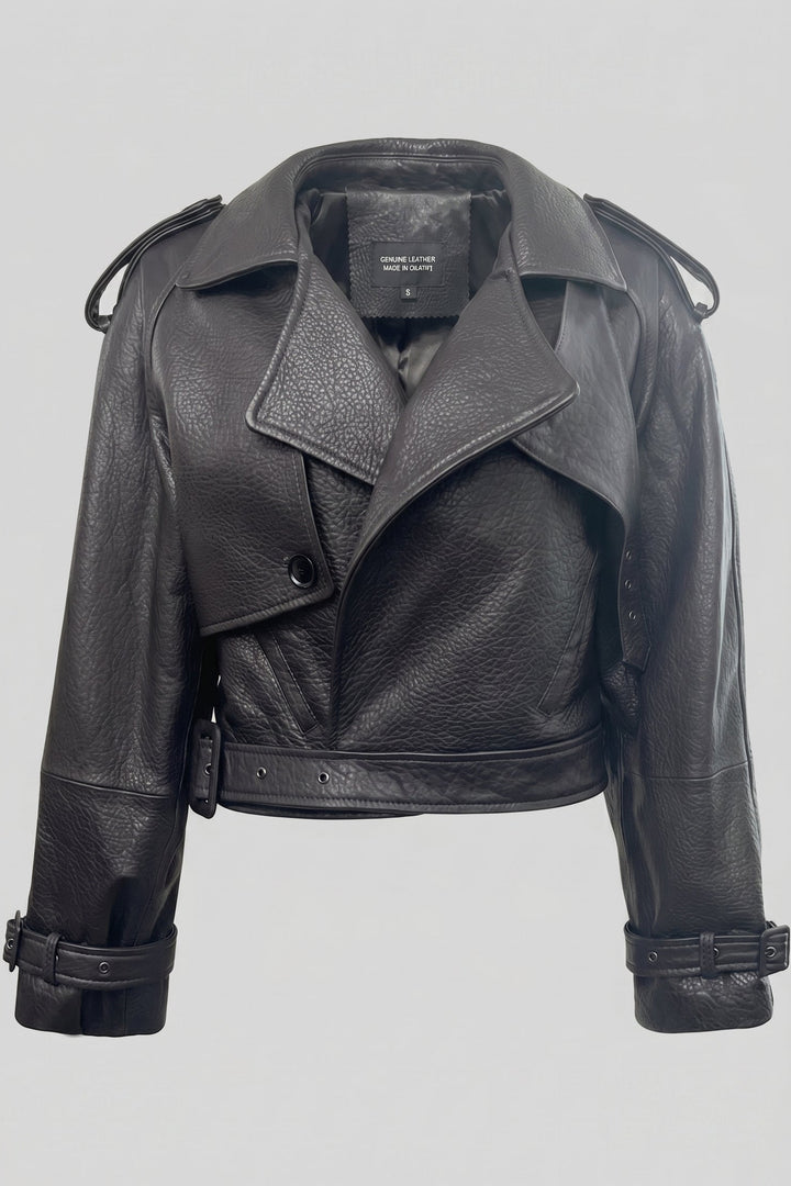 GEORGIA - Bubble Leather biker jacket, front view, black