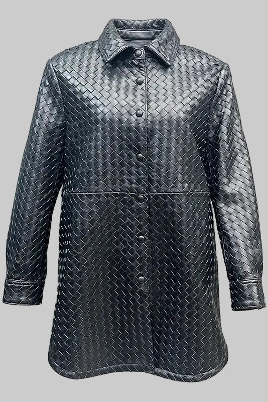 GISELE - Black Woven Sheepskin Jacket, Button-up, Collared, Long Sleeve