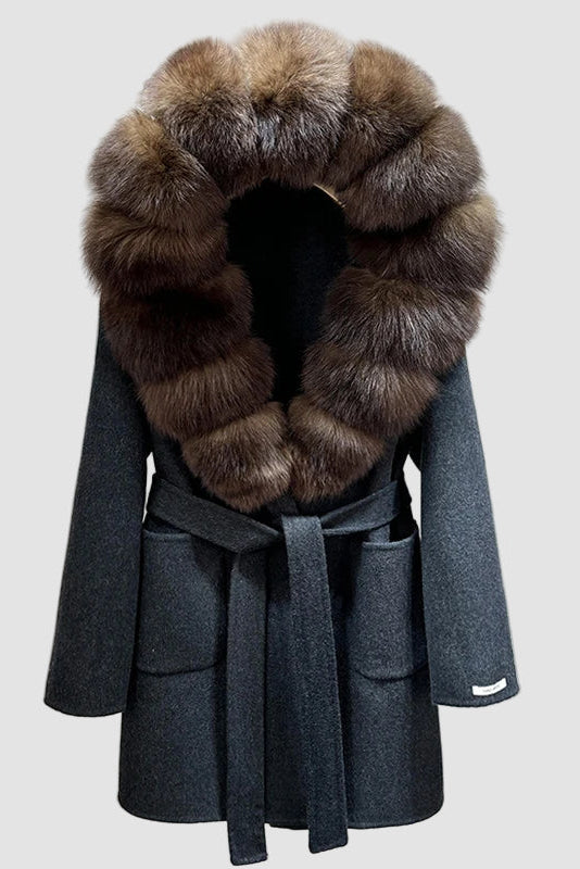 Gray coat with a fur collar on a light gray background