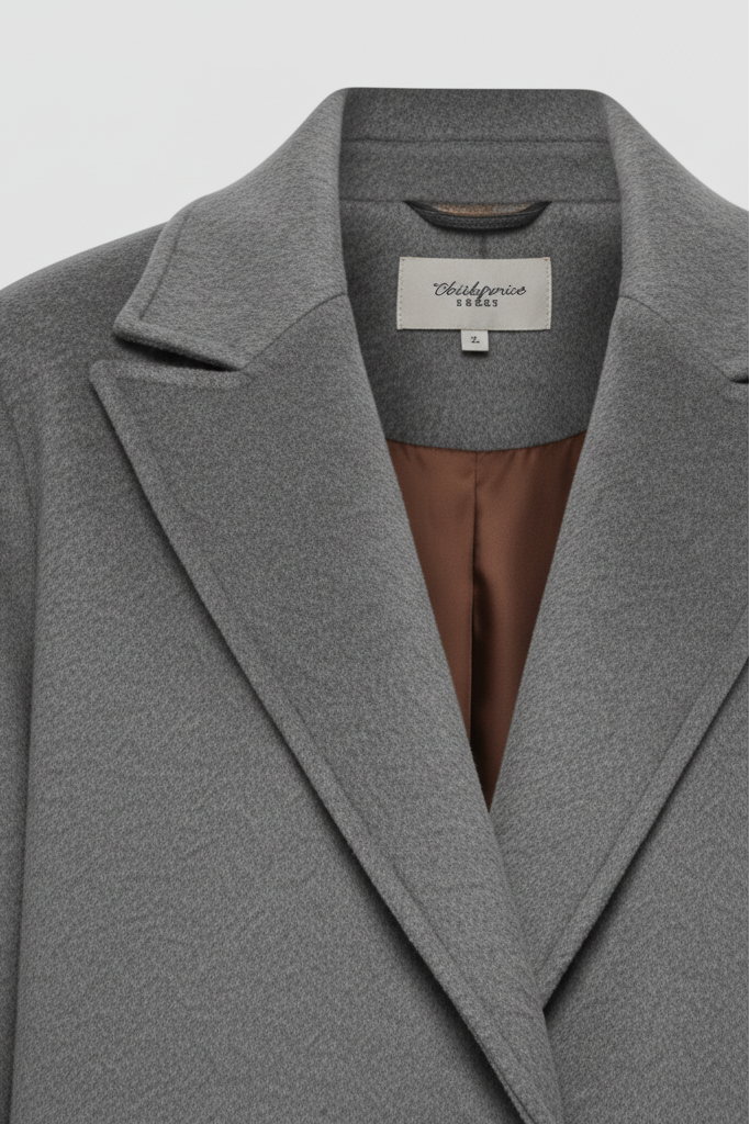 Gray coat with a visible brand label on a light gray background