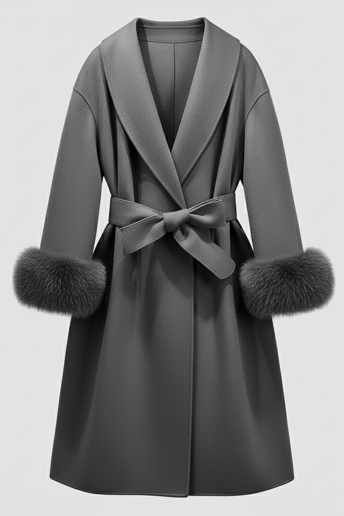 Gray coat with fur cuffs on a light gray background