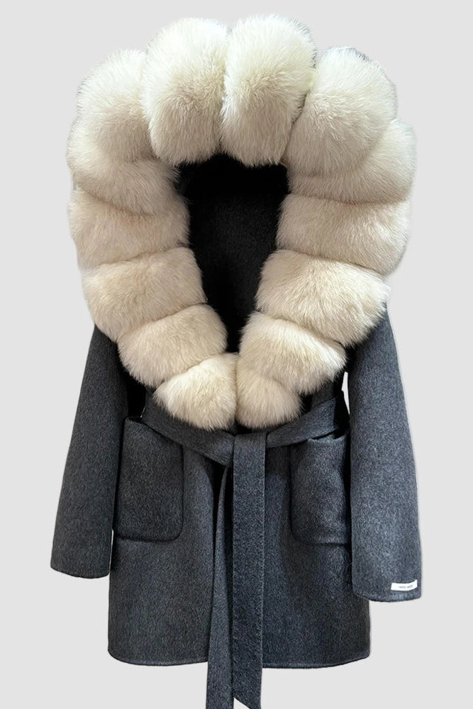 Gray coat with white fur collar on a light gray background