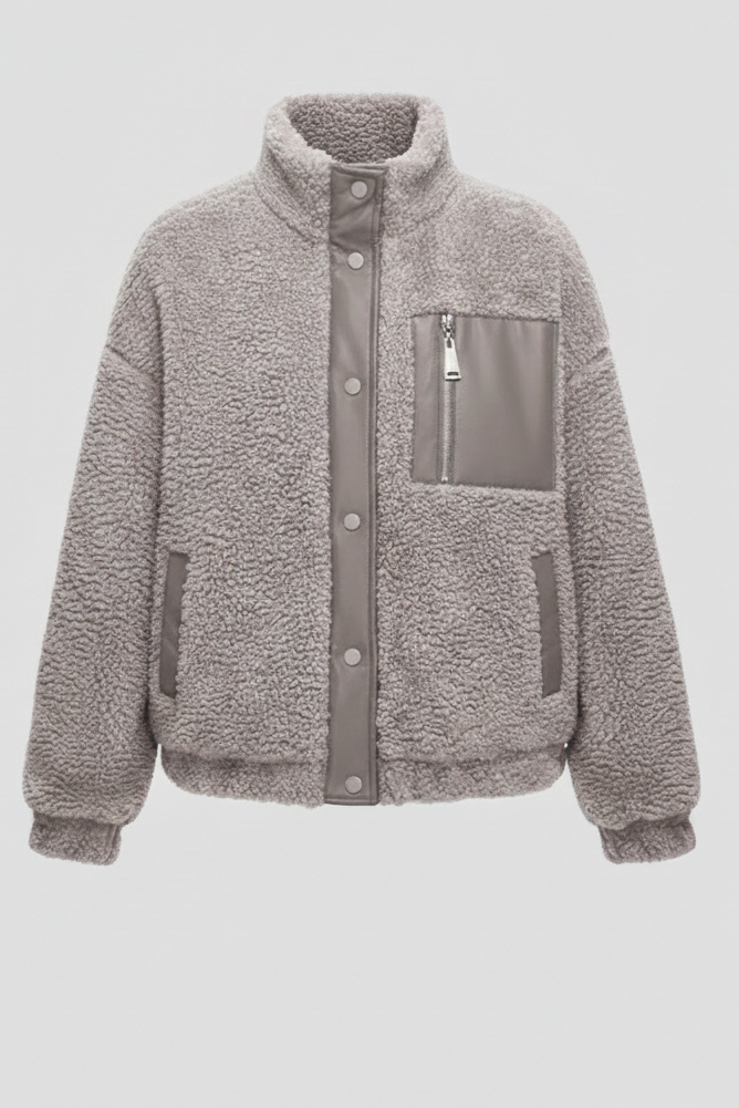 Gray fleece jacket with a zipper on a light gray background