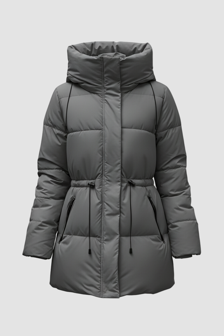 Gray puffer coat on a white background