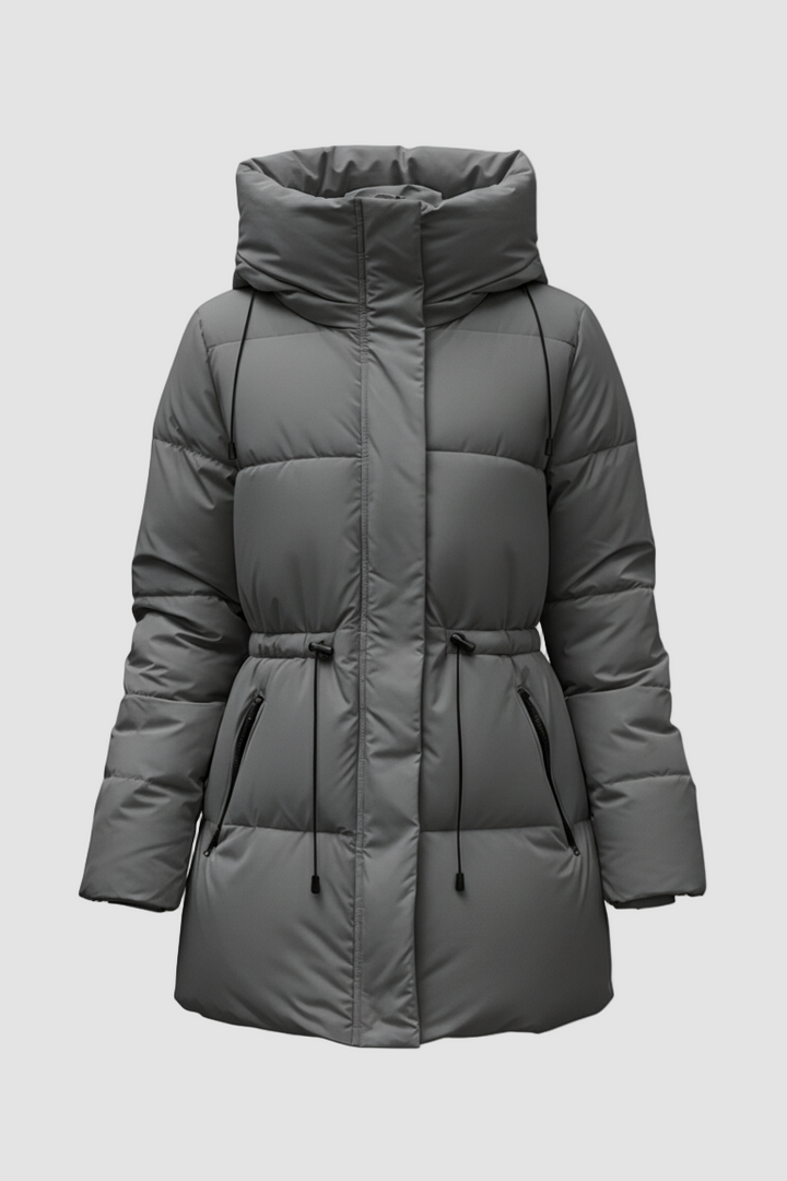 Gray puffer coat on a white background
