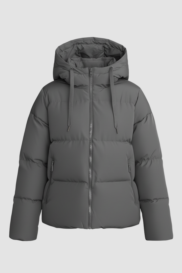 Gray puffer jacket with a hood on a light gray background