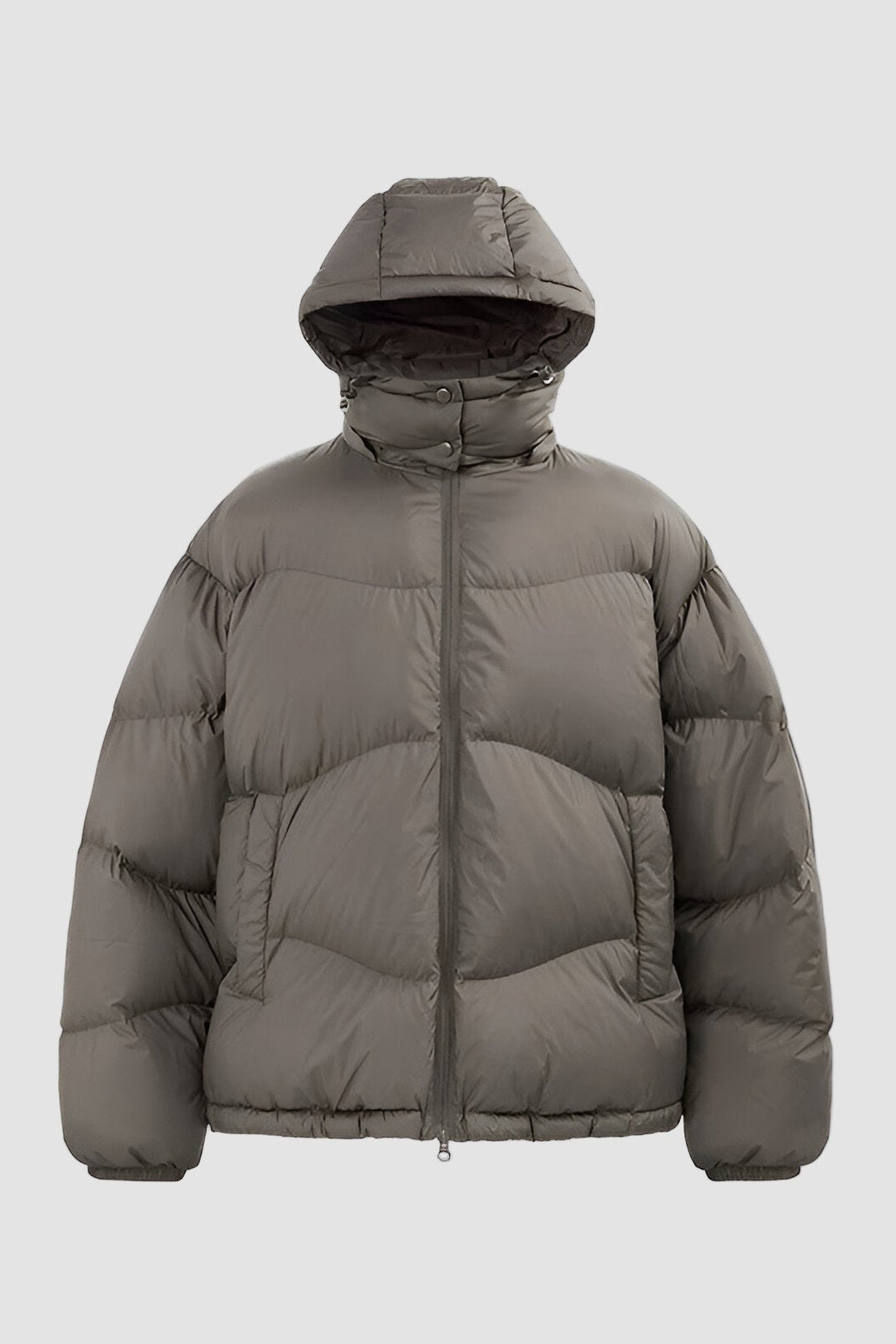Gray puffer jacket with a hood on a white background