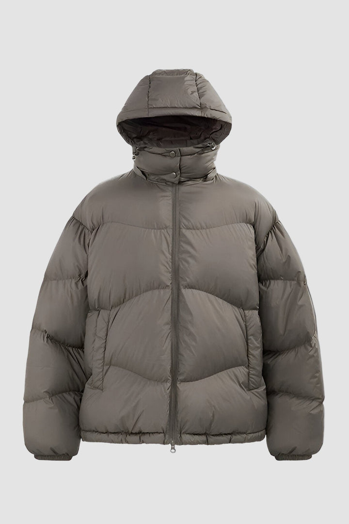 Gray puffer jacket with a hood on a white background