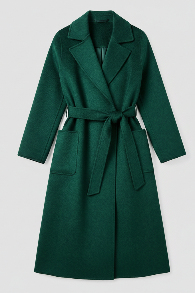 Green coat with a belt on a light gray background