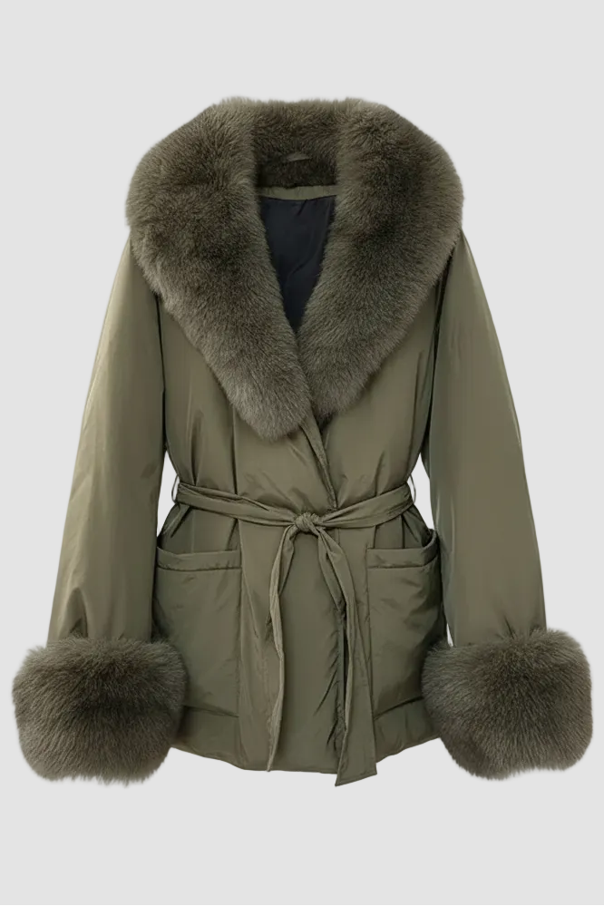 Green coat with fur collar and cuffs on a white background