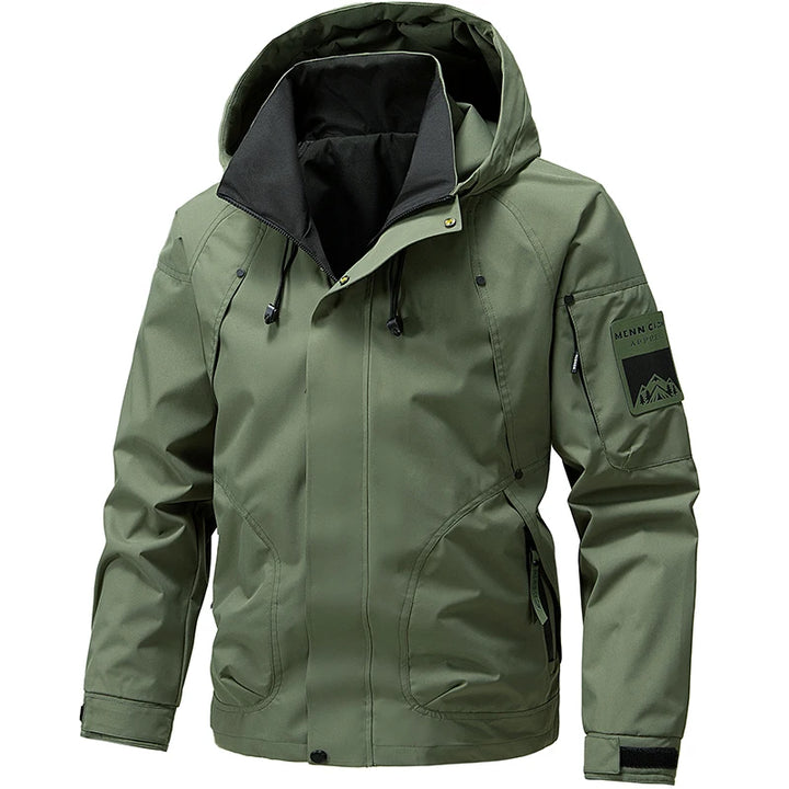 Green jacket with a hood on a white background