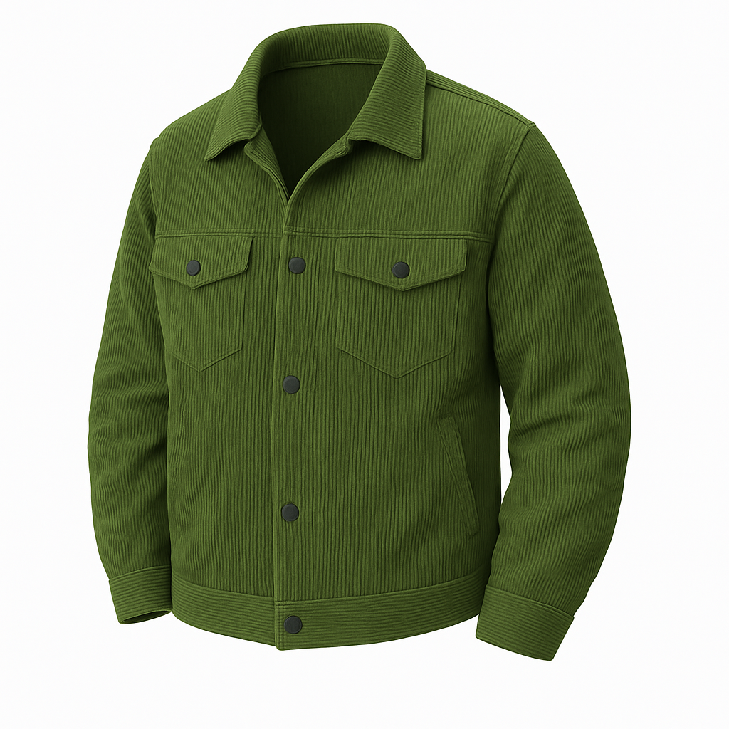 Green jacket with button details on a white background