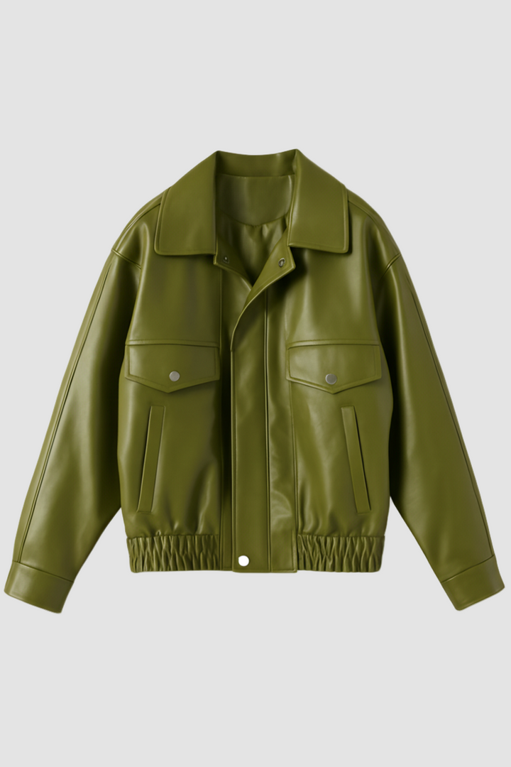 Green leather jacket on a white background