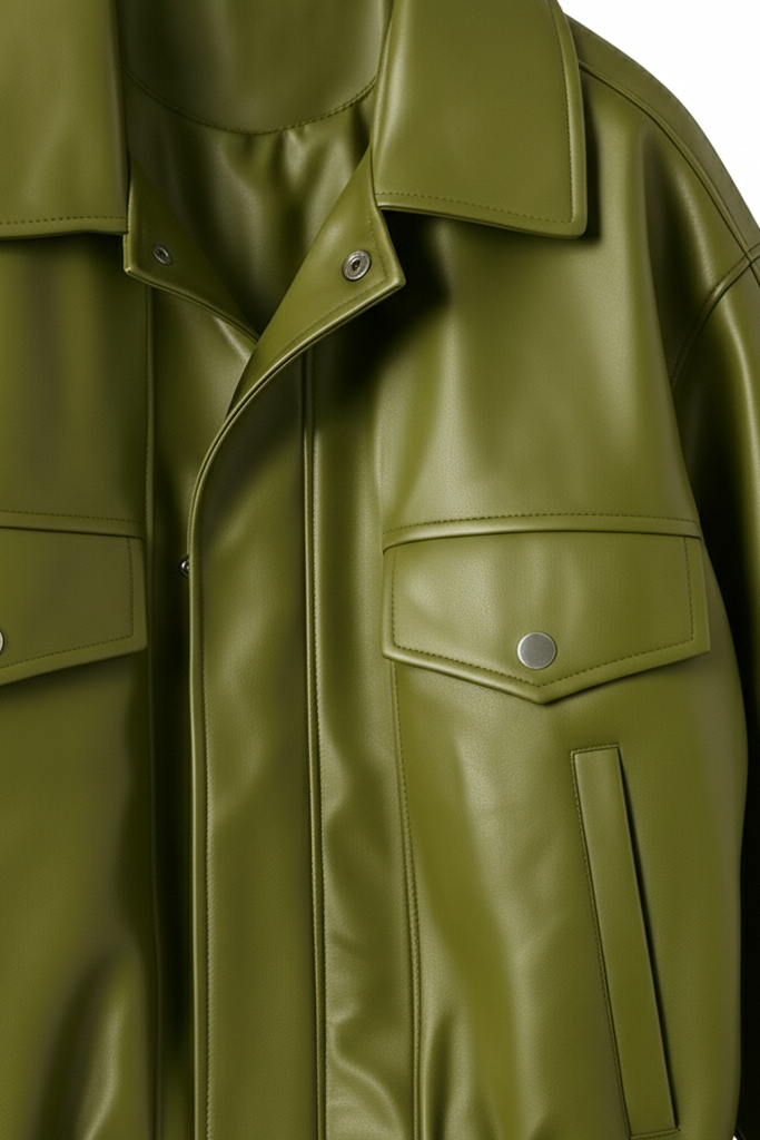 Green leather jacket with a pocket and button on a white background