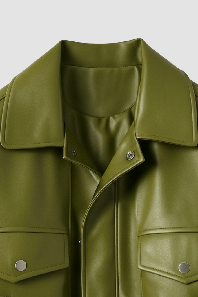 Green leather jacket with collar and button details on a white background