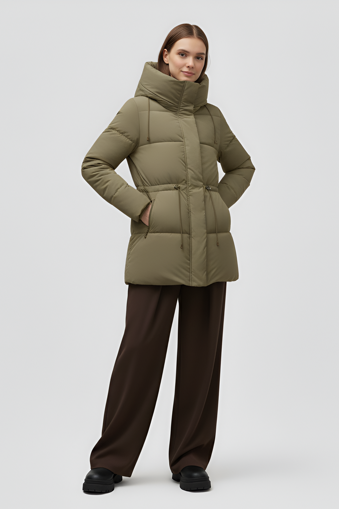 Green puffer coat on a white background