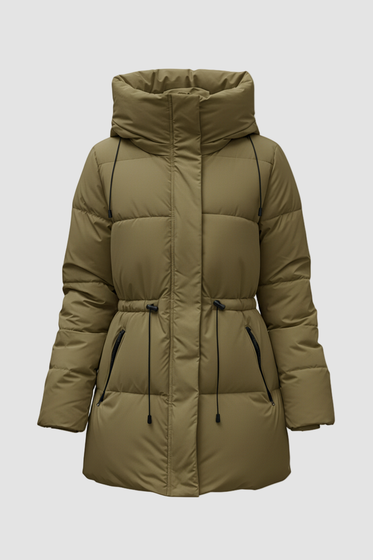 Green puffer coat on a white background