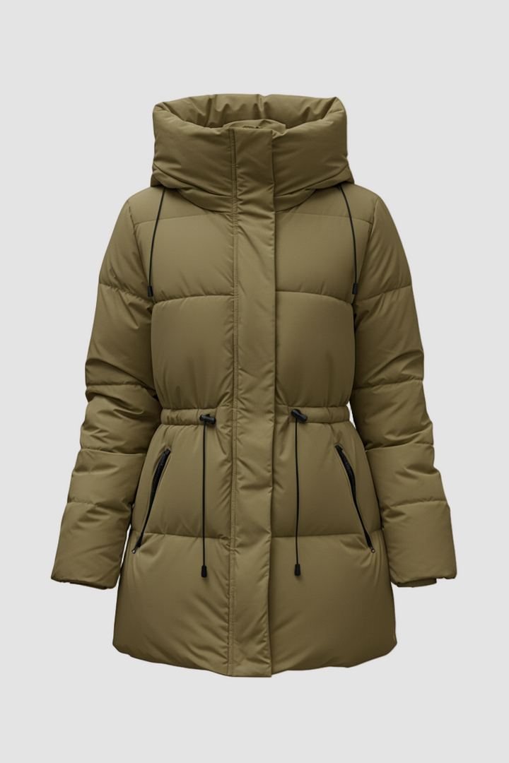 Green puffer coat on a white background