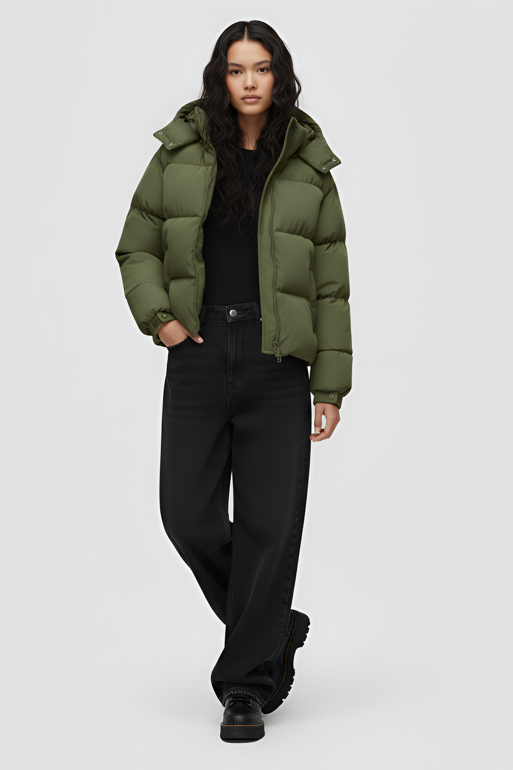 Green puffer jacket with a hood on a white background