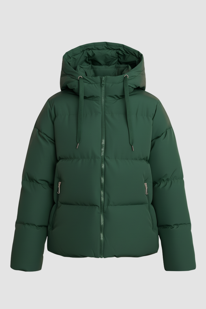 Green puffer jacket on a light gray background