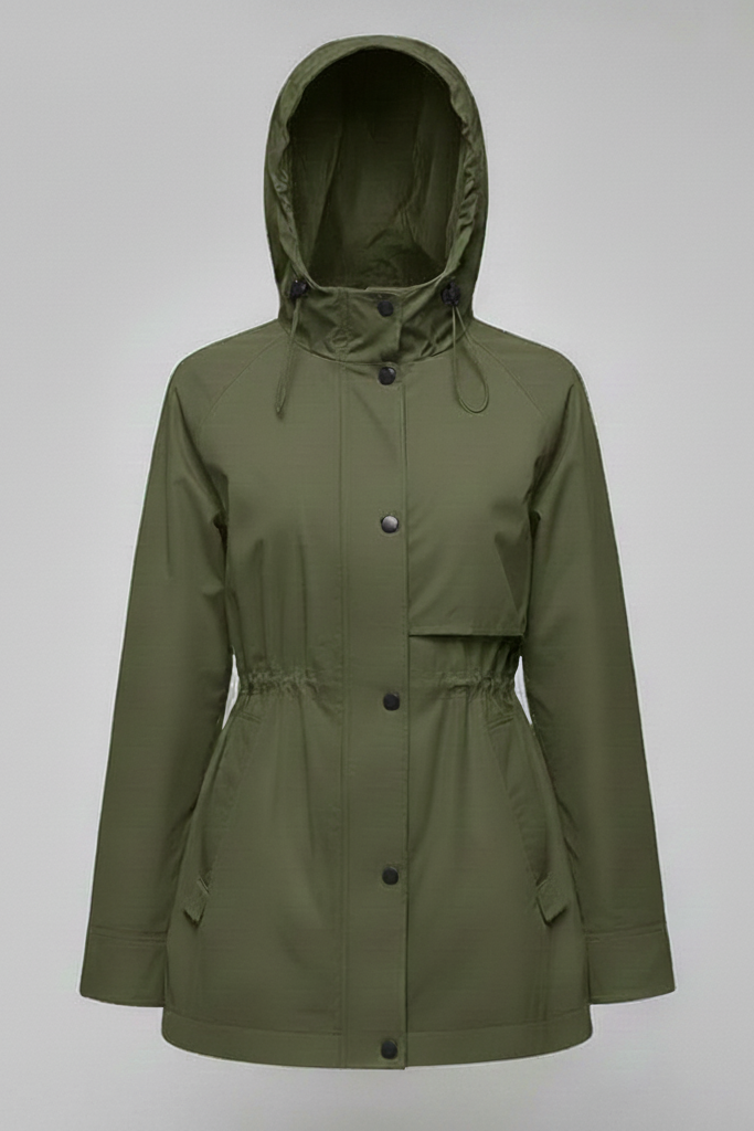 Green raincoat with a hood on a gray background