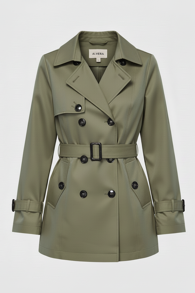 Green trench coat with black buttons on a white background