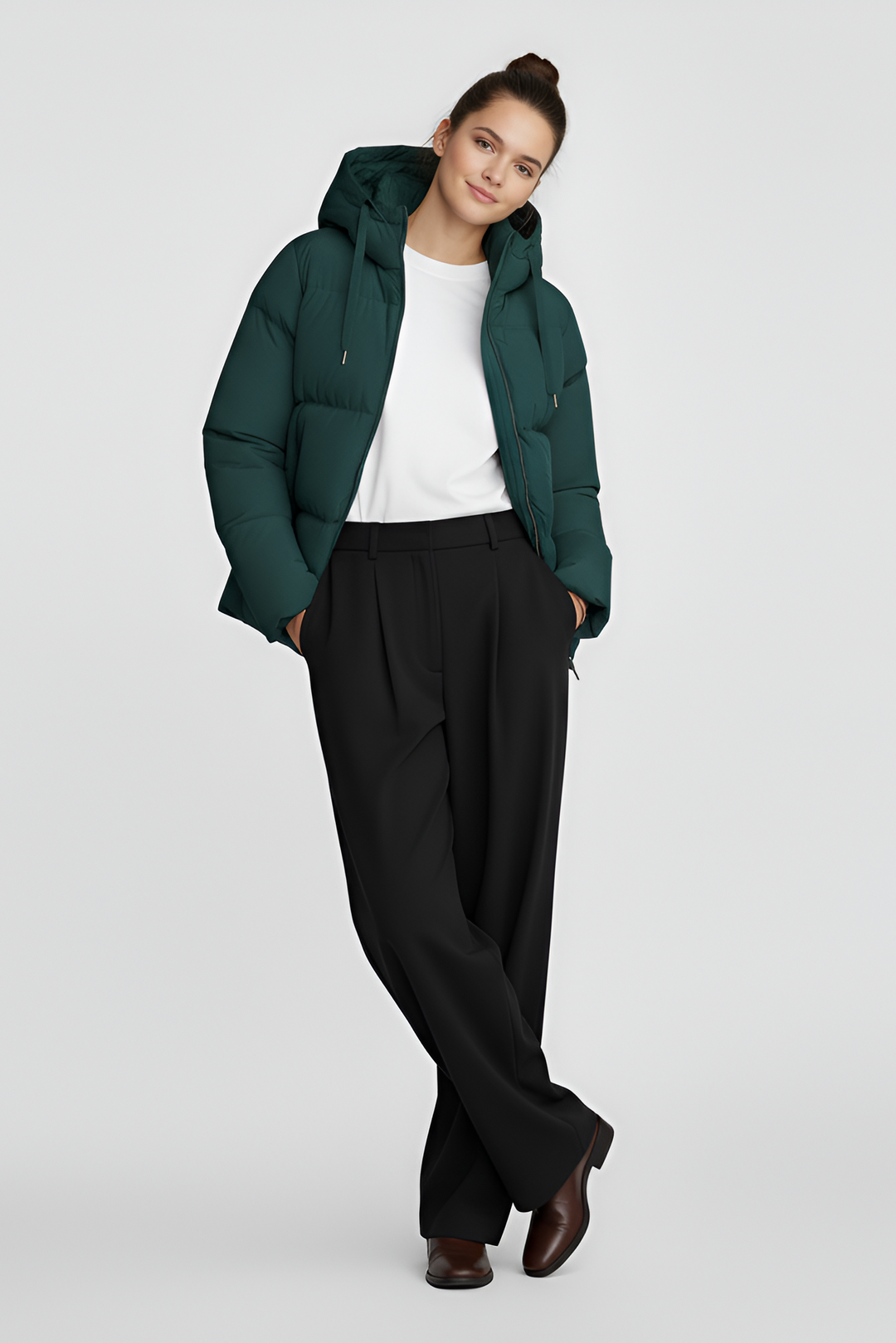 Green puffer jacket on a light gray background