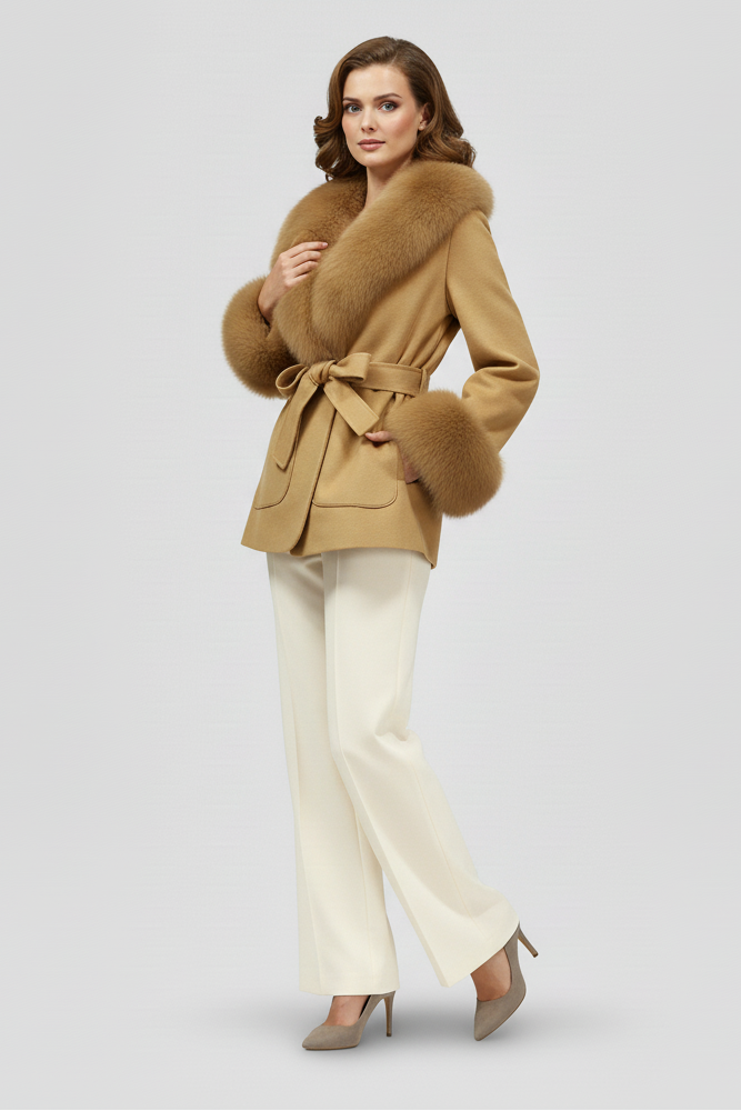 Grey belted winter coat for women without fur collar, minimalist tailored design, elegant luxury outerwear worn with cream trousers in studio setting