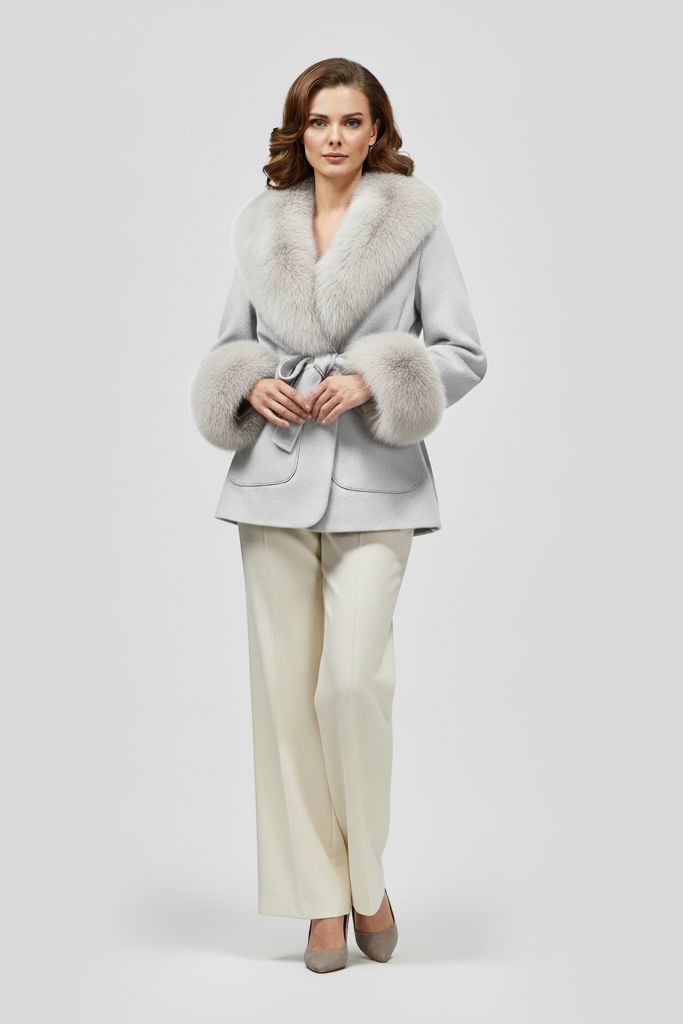 Grey faux fur winter coat for women featuring soft light faux fur shawl collar, tailored waist belt, elegant luxury outerwear close up studio view