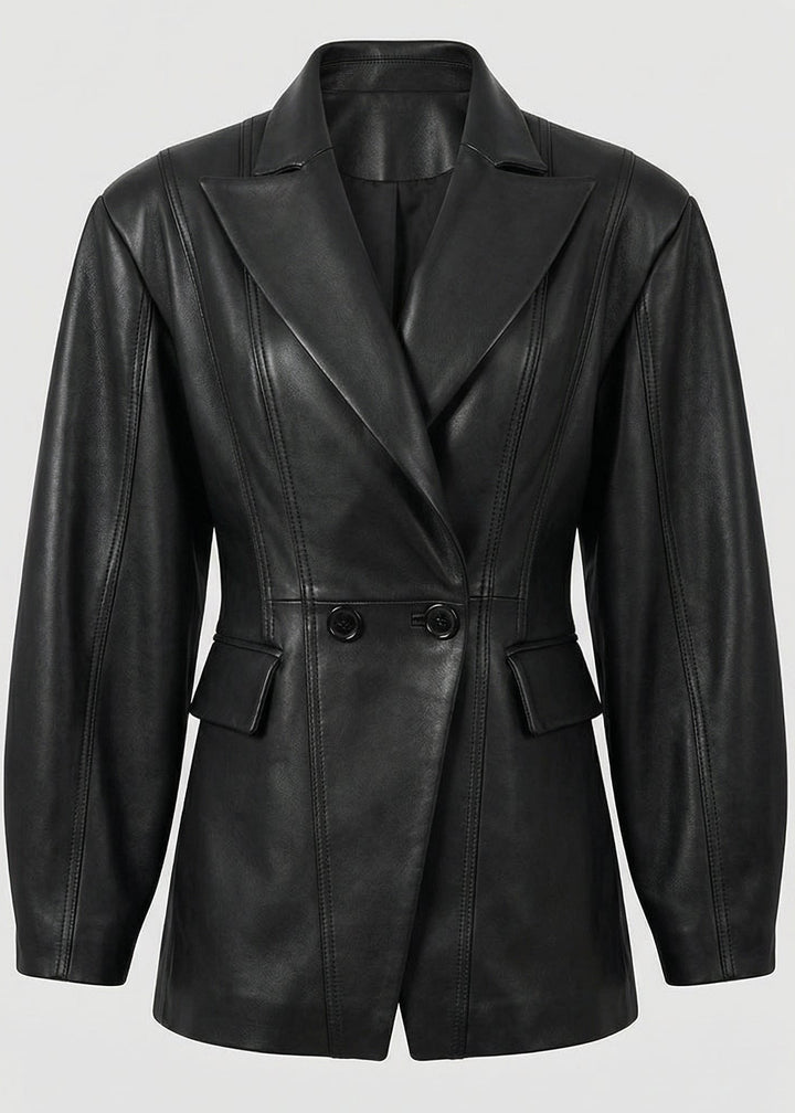 HADLEY - Black leather blazer, front view, full outfit, professional attire