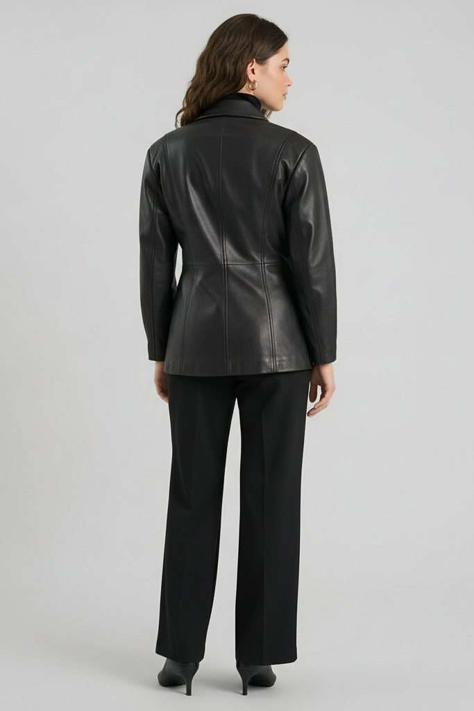 HADLEY - Black leather blazer, rear view, clean lines, sophisticated silhouette