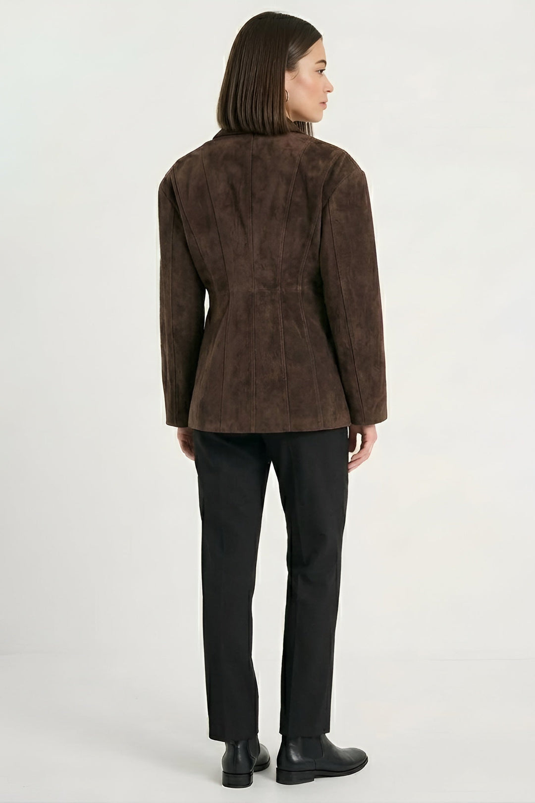HADLEY - Brown suede blazer, back view, fitted silhouette, neutral background