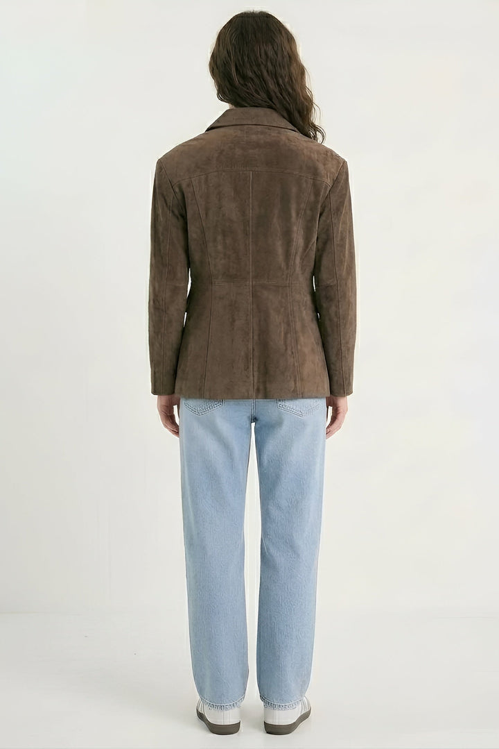 HADLEY - Brown suede blazer, back view, model wearing jeans