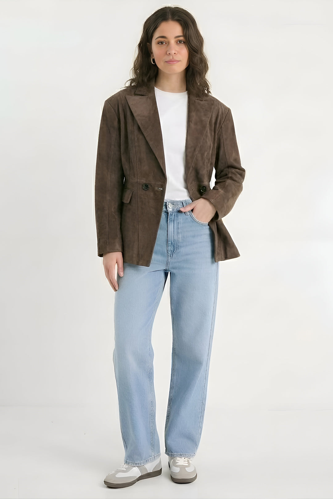 HADLEY - Brown suede blazer, front view, model wearing jeans