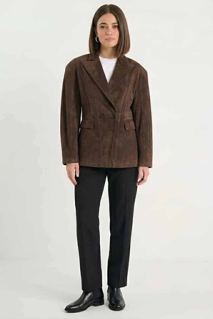 HADLEY - Brown suede blazer, front view, tailored waist, button detail