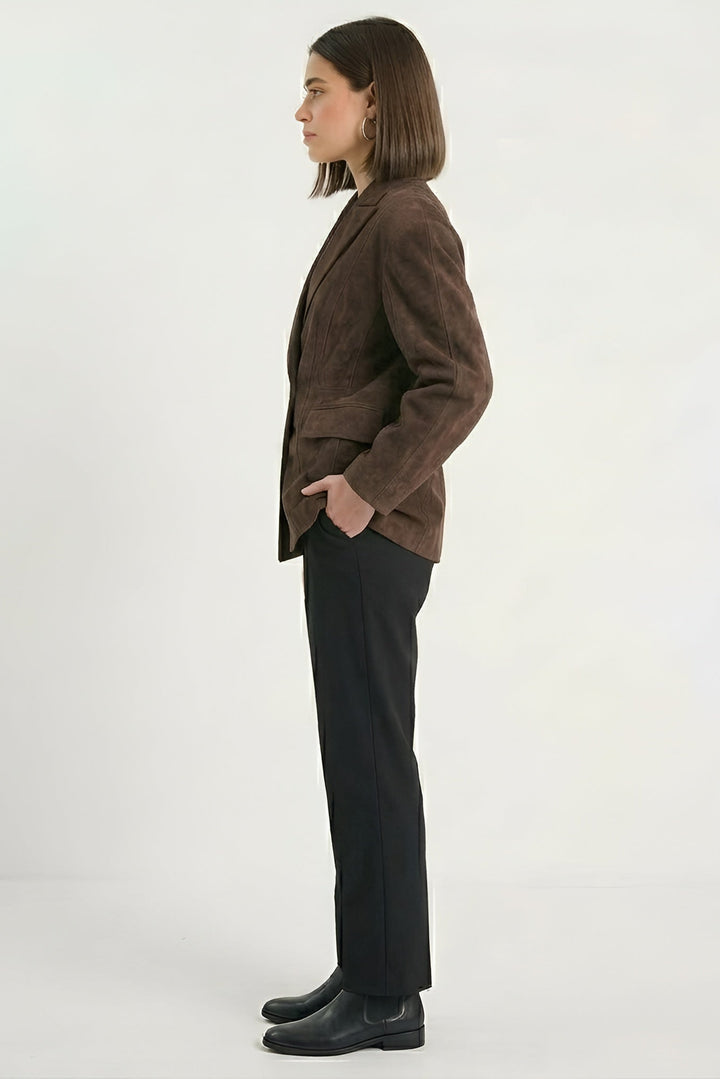 HADLEY - Brown suede blazer, side profile, fabric texture, notched lapel