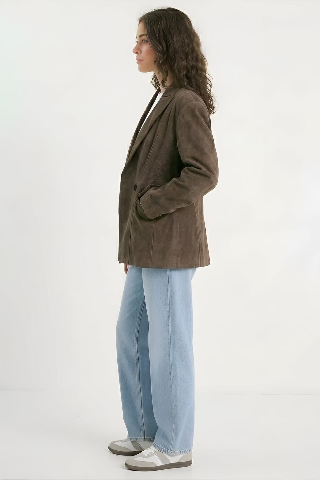HADLEY - Brown suede blazer, side profile, model wearing jeans