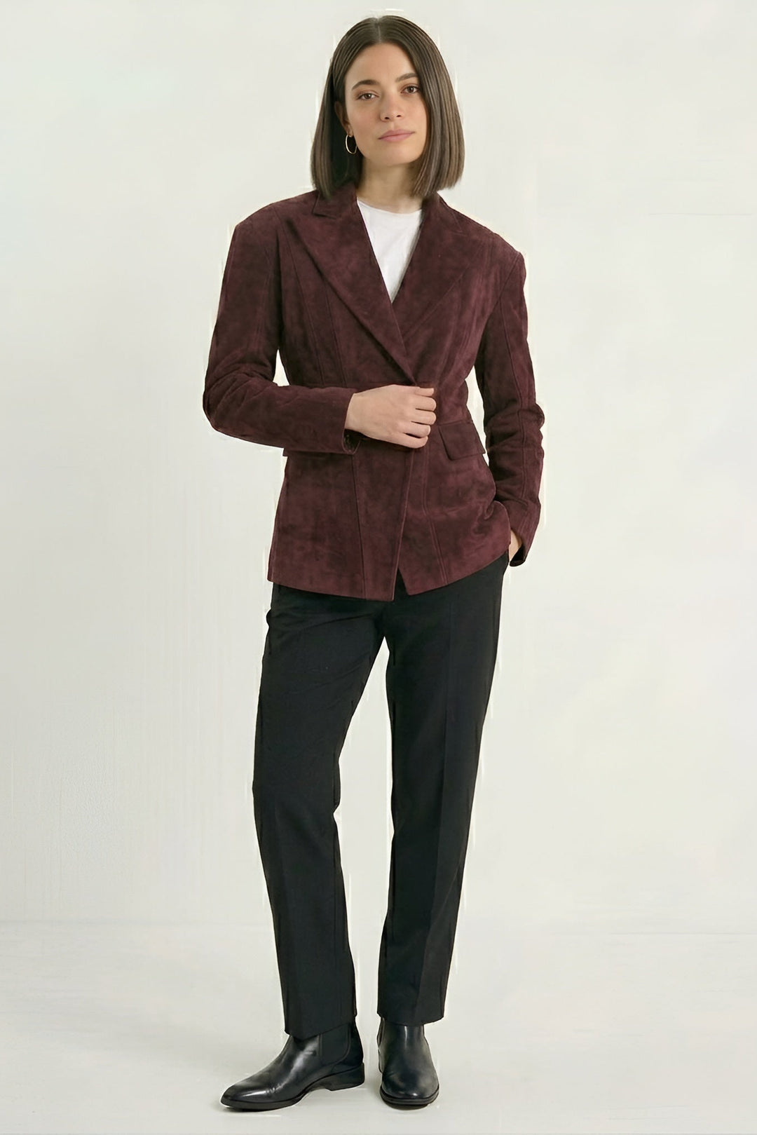 HADLEY - Burgundy suede blazer, front view, notched lapel, button detail