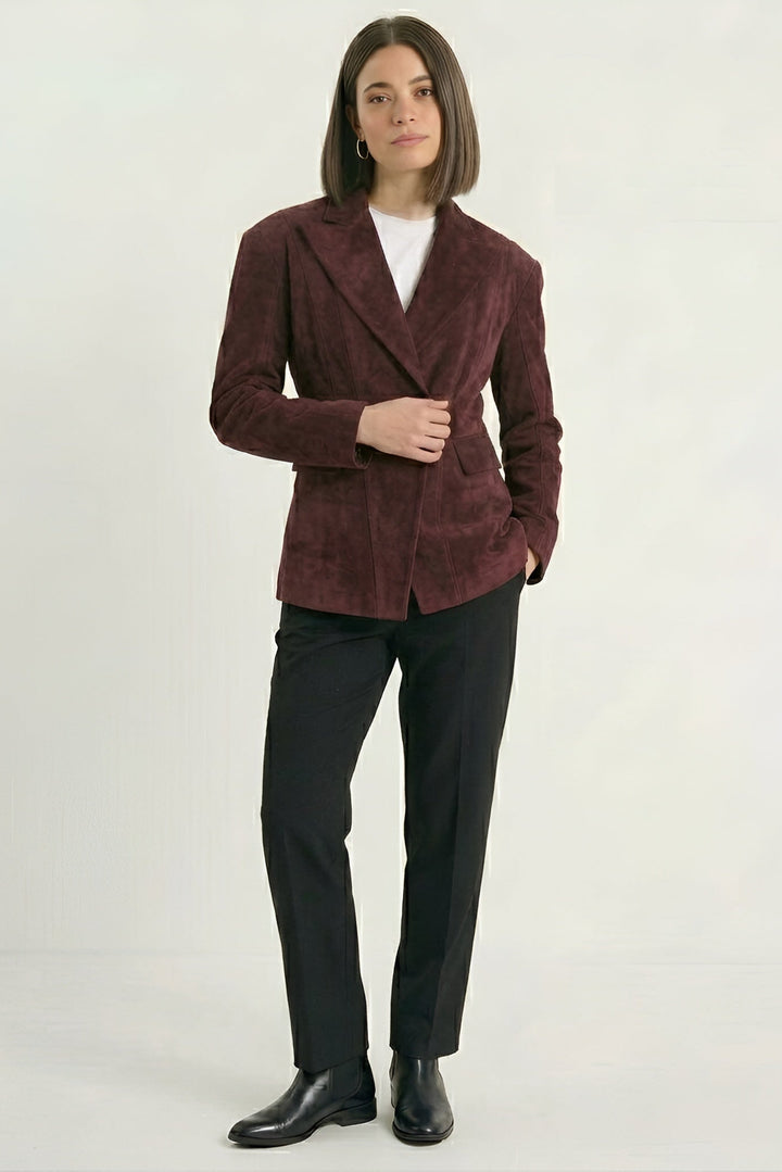 HADLEY - Burgundy suede blazer, front view, notched lapel, button detail