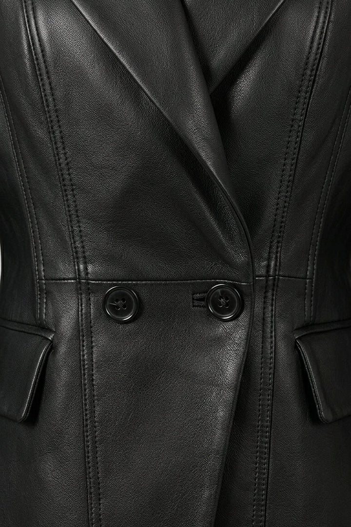 HADLEY - Black leather blazer, button closure, dual buttons, pocket accent