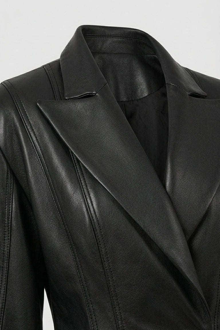 HADLEY - Black leather blazer detail, lapel close-up, elegant collar
