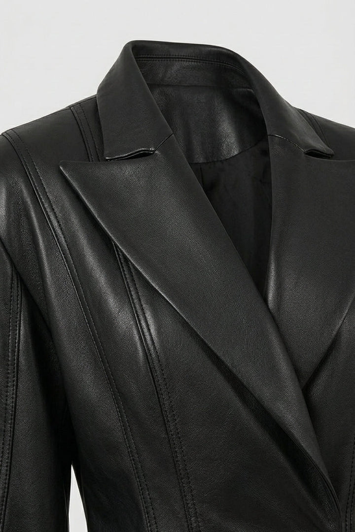 HADLEY - Black leather blazer detail, lapel close-up, elegant collar